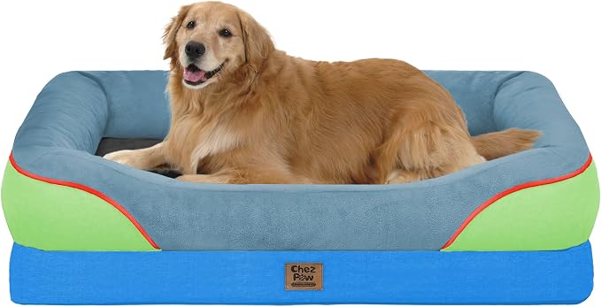 Chez Paw Large Orthopedic Dog Bed for Extra Large Dogs, Waterproof XL Egg-Crate Foam Dog Bed with Removable Washable Cover & Non-Slip Bottom, 4-Sided Bolster Support, Blue Lime 42"x30"x7.5"
