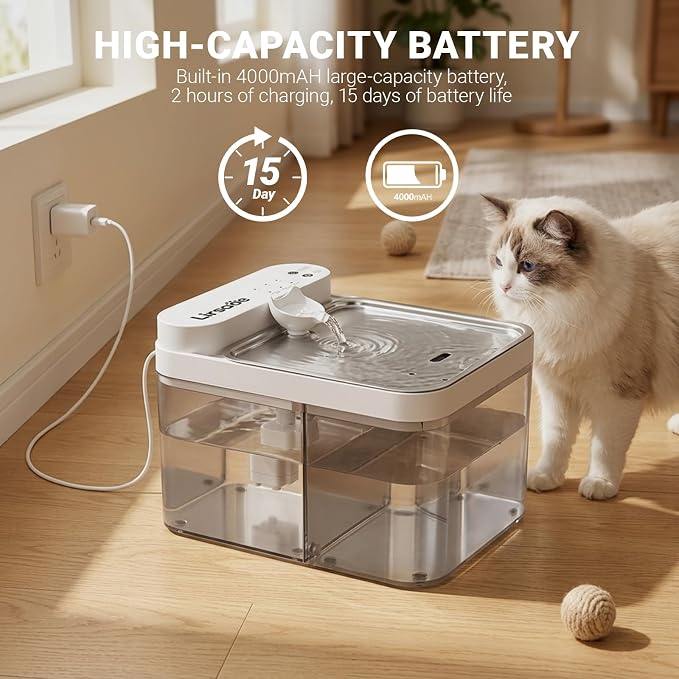 Cat Water Fountain, Filterless Cordless Cat Water Bowl, Wastewater Separation, Stainless Steel Tray, Not Continuous-Flow Auto-Refill Pet Water Dispenser with Scheduled Water Refresh, White