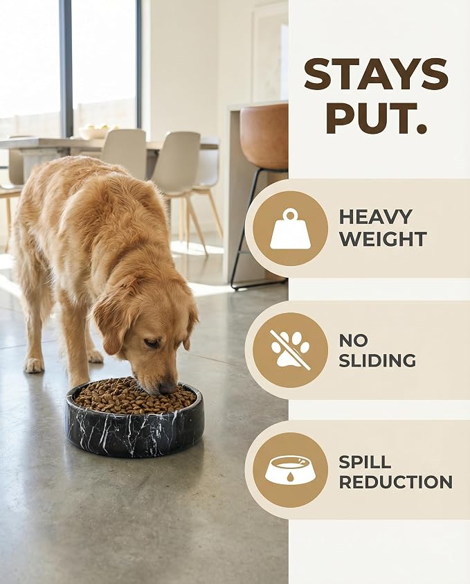 OOBOOB Natural Marble Dog Bowl, 7.4x7.4x2.5 Inch Heavy Non-Slip Pet Food & Water Bowl for Large Medium Small Dogs and Cats, Stylish Modern Marble Design for Feeding Station & Home Decor