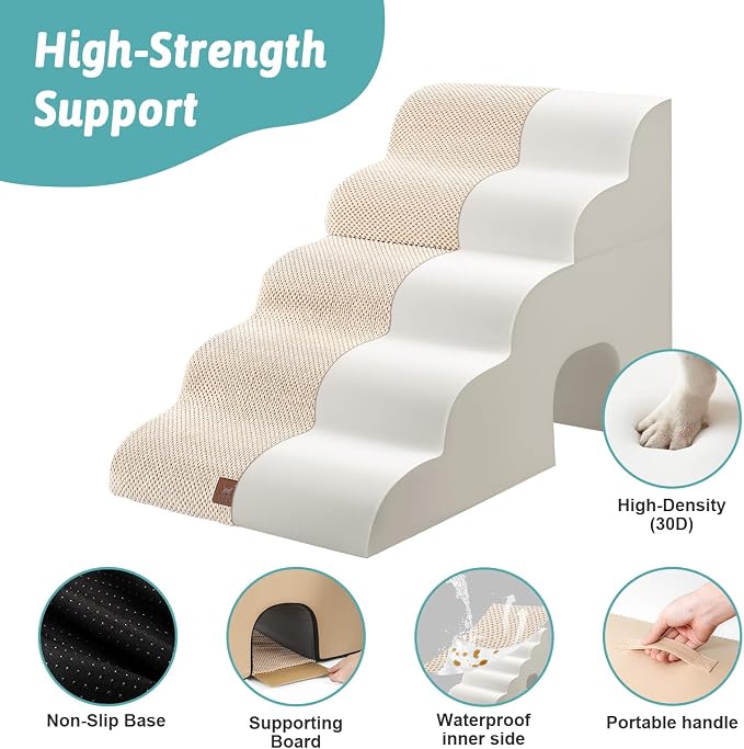COZY KISS Dog Stairs for Small Pets, 3-Step 2-in-1 Transformable Pet Steps for Couch and Bed, 15.7 Inches High, Suitable for Old Cats and Puppies, Beige, 17.7 x 33 x 22.4 in