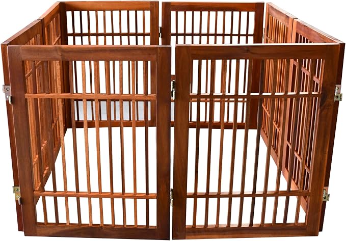 Urnporium Freestanding Wooden Dog Gate Foldable Indoor Pet Gate No Drill Expandable Barrier for Doorways Stairs Hallways Portable Wood Fence for Small Dogs & Puppies (Brown Pet Gate, 8 Panel 24" Tall)