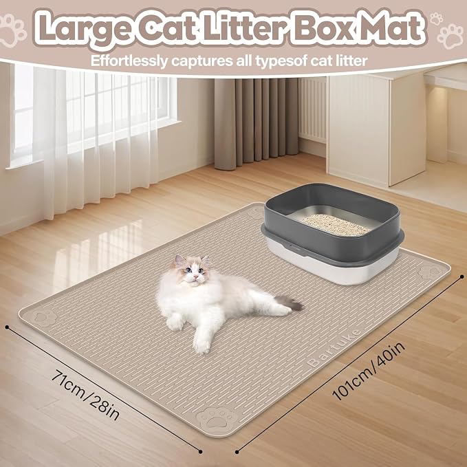 Kalolary Cat Litter Mats, 40" x 28" Extra Large Silicone Cat Mat for Litter Box, Easy to Clean Kitty Litter Trapping Mat, Soft on Kitty Paws, Waterproof, Urine-Proof Kittys Litter Mats for Floor,Khaki