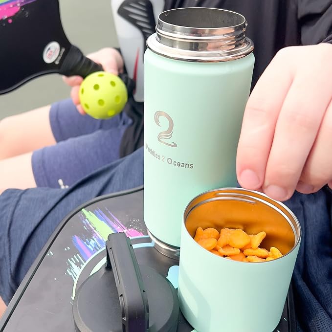 Insulated Water Bottle & Snack Container - Stainless Steel Water Bottle with Storage Compartment, 3 Lid Types BPA Free, Leak & Spill Proof Travel Bottle for Kids & Adults - Snack and Drink Cup