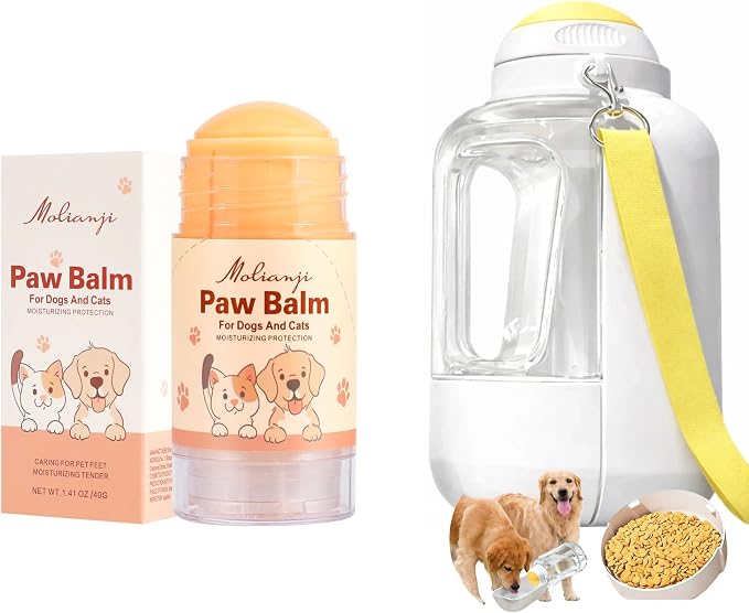 All-in-One Pet Care Bundle: Dog Paw Balm & 32oz Travel Water Bottle with Food Container – Moisturizing & Hydration Essentials for Dogs & Cats, Leak-Proof, Lick-Safe & Outdoor Ready