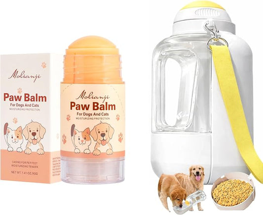 All-in-One Pet Care Bundle: Dog Paw Balm & 32oz Travel Water Bottle with Food Container – Moisturizing & Hydration Essentials for Dogs & Cats, Leak-Proof, Lick-Safe & Outdoor Ready
