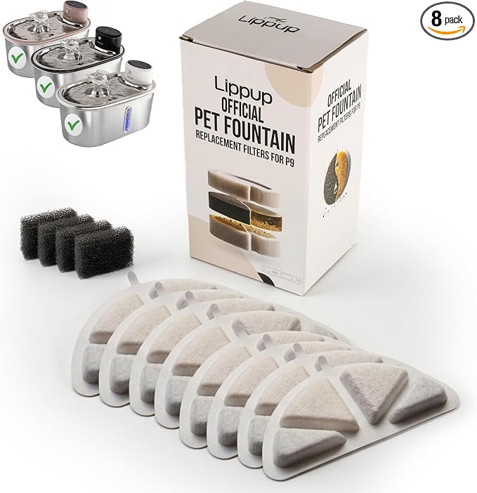 Official LIPPUP Cat Water Fountain Filters – 8 Pack Replacement Filters for Stainless Steel Fountain, Premium Activated Carbon & Ion Exchange Resin, 4 Months Clean & Fresh Water