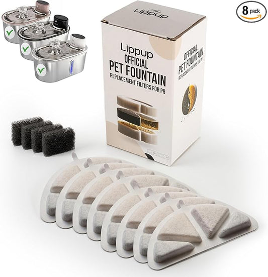 Official LIPPUP Cat Water Fountain Filters – 8 Pack Replacement Filters for Stainless Steel Fountain, Premium Activated Carbon & Ion Exchange Resin, 4 Months Clean & Fresh Water