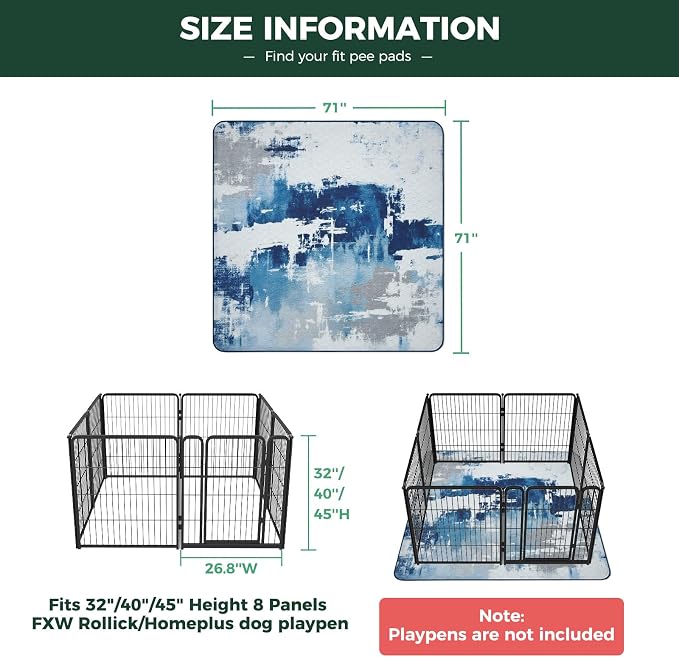 FXW Washable Pee Pads for Dogs, Puppy Pads with Super Absorbent, Specifically Designed for FXW Rollick/Homeplus 32/40/45inch 8 Panels Dog Playpen, 71" Square, Tie-Dye Blue, 1 Pack