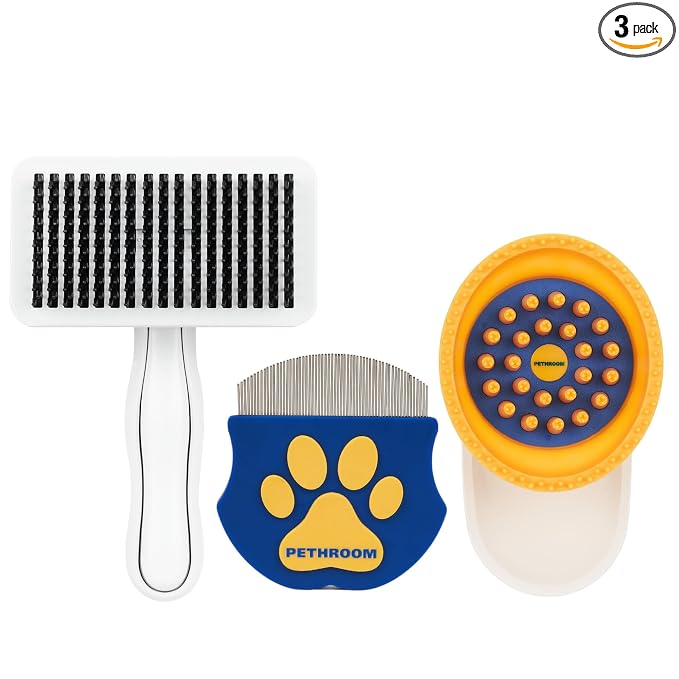 [PETHROOM] Healing Slicker Brush & Easy Facial Comb & Healing Brush Bundle | Pet Eye Booger Remover Rounded Comb & Coated Tips for Deshedding & Soothing Silicone Grooming Tool