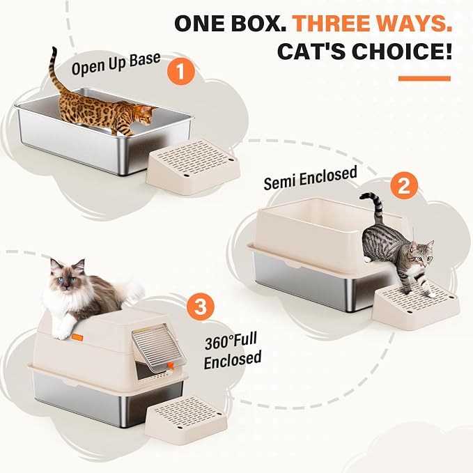 Removable Stainless Steel Cat Litter Box with lid, Front & Top Entry Kitty LitterBox，Cat Litter Box Enclosure, XL Extra Large High-Sided Metal Cat Box with Scoop,Mat,Footboard (Cream)
