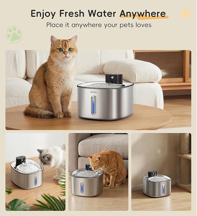 Stainless Steel Cat Water Fountain with 5 Filters Set, 142fl.oz/4.2L Cat Fountain Battery Operated with Motion Sensor, Pet Water Dispenser Cordless for Cats & Dogs Indoor