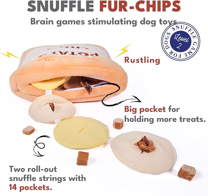 CHEWFFON Dog Enrichment Puzzle Bundle: Interactive Birthday Cake, Slow Feeding Crinkle Gift Nose Work Potato Chips Puzzle Toys for Small, Medium, & Large Dogs (Includes Level 2 Stimulating Treats)