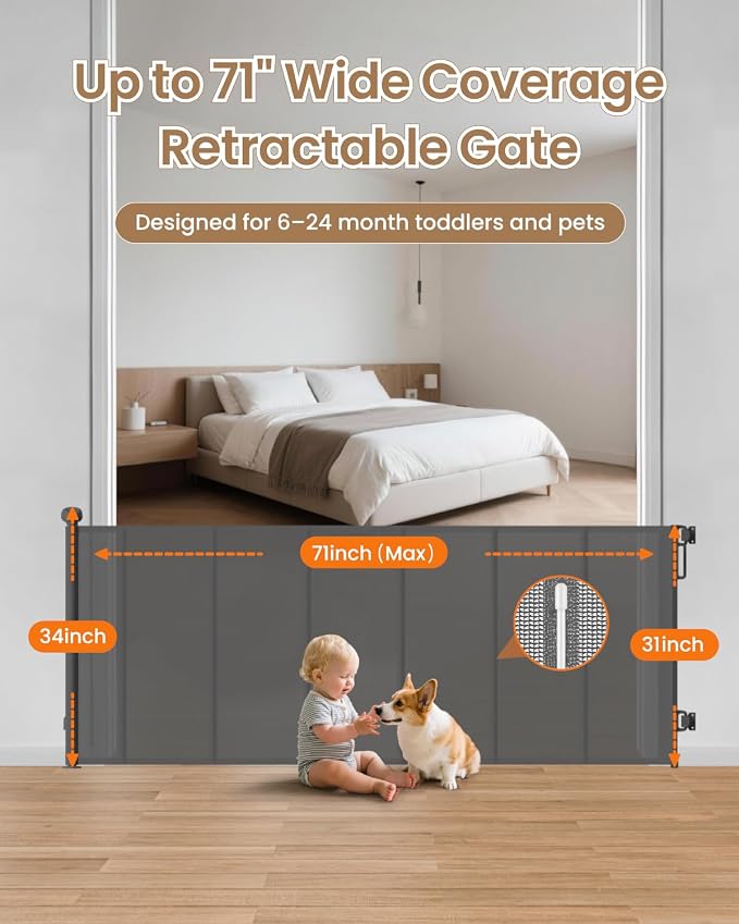 Retractable Baby Gate, 71" Wide 34" Tall Reinforced Mesh Baby Gate for Open Kitchens and Wide Doorways, One-Hand Operation Retractable Dog Gate, Fits Baseboards, Gray