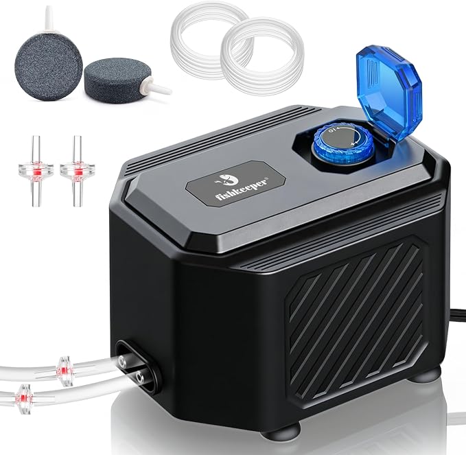fishkeeper Ultra-Quiet Aquarium Air Pump – 10W (255GPH) Powerful Fish Tank Air Pump with Stainless Steel Dual Outlets, Adjustable Oxygen Aerator Pump with Air Stone Bubbler Kit for 1–200 Gallon