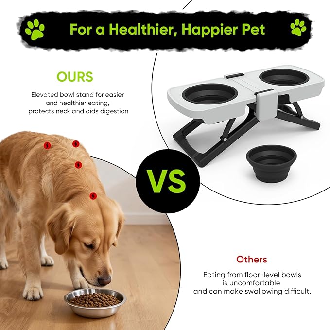 Elevated Dog Bowls Stand, Portable Travel Dog Bowls with Collapsible Silicone Double Diner Bowl, 5 Cups Capacity Food and Water Bowl with No Spill Edge Non-Slip Stand,Ideal for Medium & Large Dogs