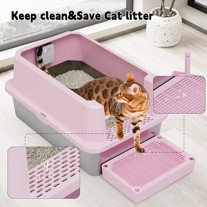 RIZZARI 2-Pack Open-Top Stainless Steel Cat Litter Boxes - Large Pink, Non-Stick & Odor Resistant, Easy-Clean Trays with High Sides, for Indoor Use, Apartments & Multi-Cat Homes