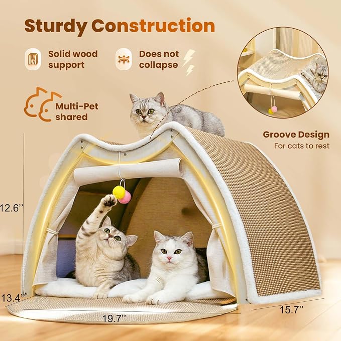 Cat Houses for Indoor Cats - 4 Seasons Cat Bed Cave with Natural Sisal Cat Scratcher Mat, Solid Wood Frame Cat House with Curtains and Cat Floor Scratching Pad Rug, Protect Couch and Carpets, M