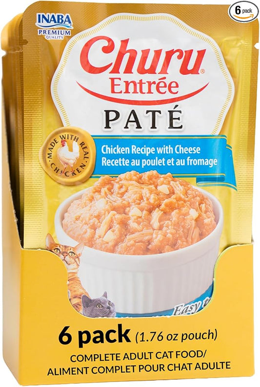 INABA Churu Entrée Pate for Cats, Grain-Free, High Moisture, Prebiotic Wet Cat Food, 1.76oz. per Pouch, 6 Pouches, Chicken with Cheese Recipe