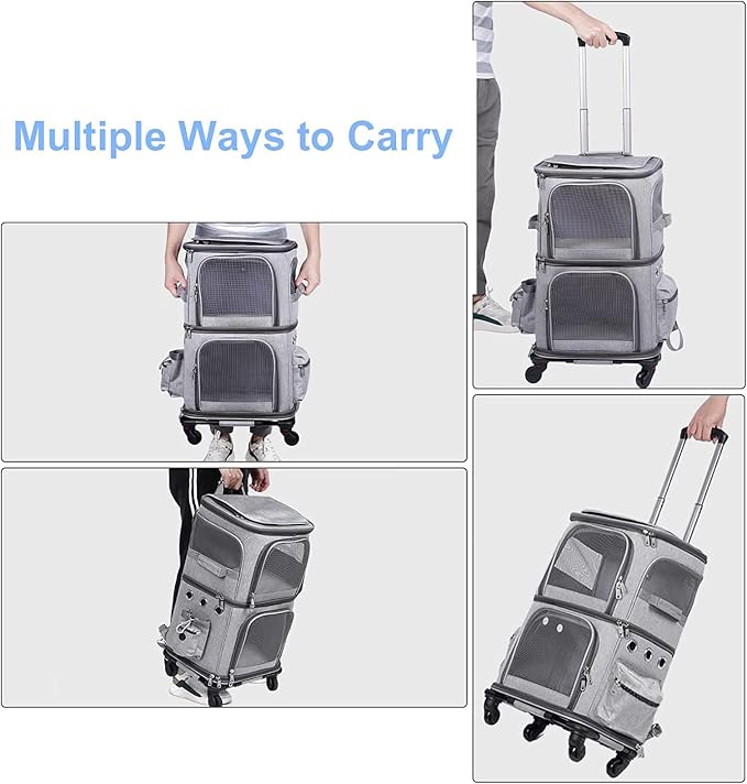 Pet Travel Carrier with Detachable Wheels, Double Compartment Cat Rolling Carrier with Telescopic Handle for 2 Cats to 20 LBS, Perfect for Traveling/Hiking/Camping