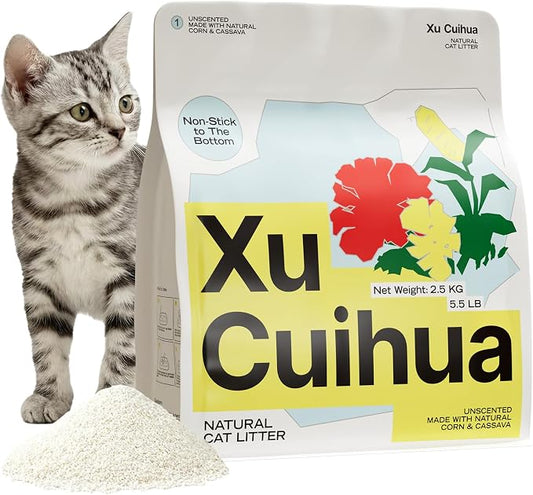 XuCuiHua Natural Cat Litter Unscented, 100% Plant-Based, Strong Clumping Litter, Easy Scooping, Clumps Lift Cleanly, Chemical-Free, Low Dust, Corn & Cassava Litter, 5.5 LB