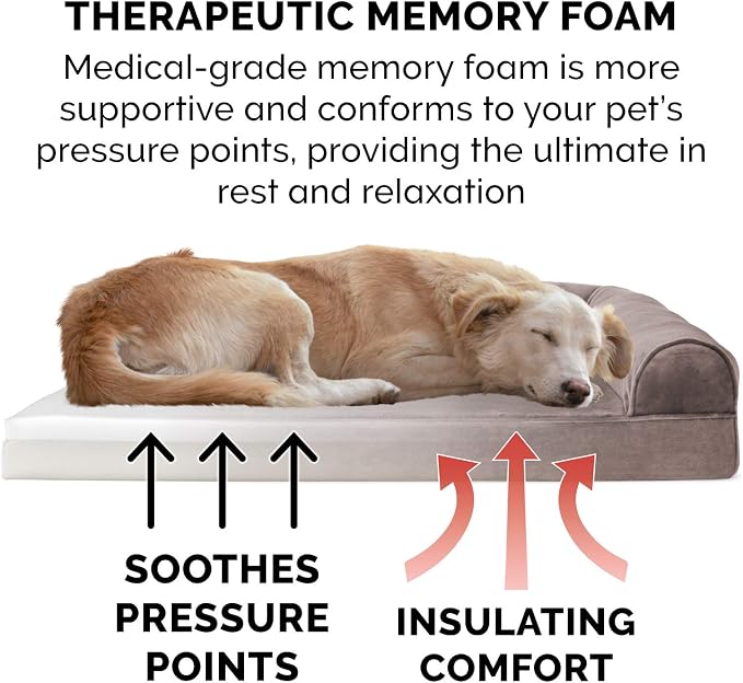 Furhaven Memory Foam Dog Bed for Medium/Small Dogs w/ Removable Bolsters & Washable Cover, For Dogs Up to 35 lbs - Faux Fur & Velvet Sofa - Driftwood Brown, Medium