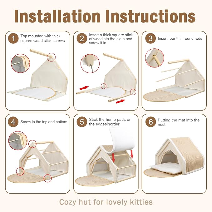 Cat Houses for Indoor Cats with Natural Sisal Scratcher Mat,Curtains,Bed and Floor Rug–Solid Wood Frame Cat Cave,Cat Scratch House