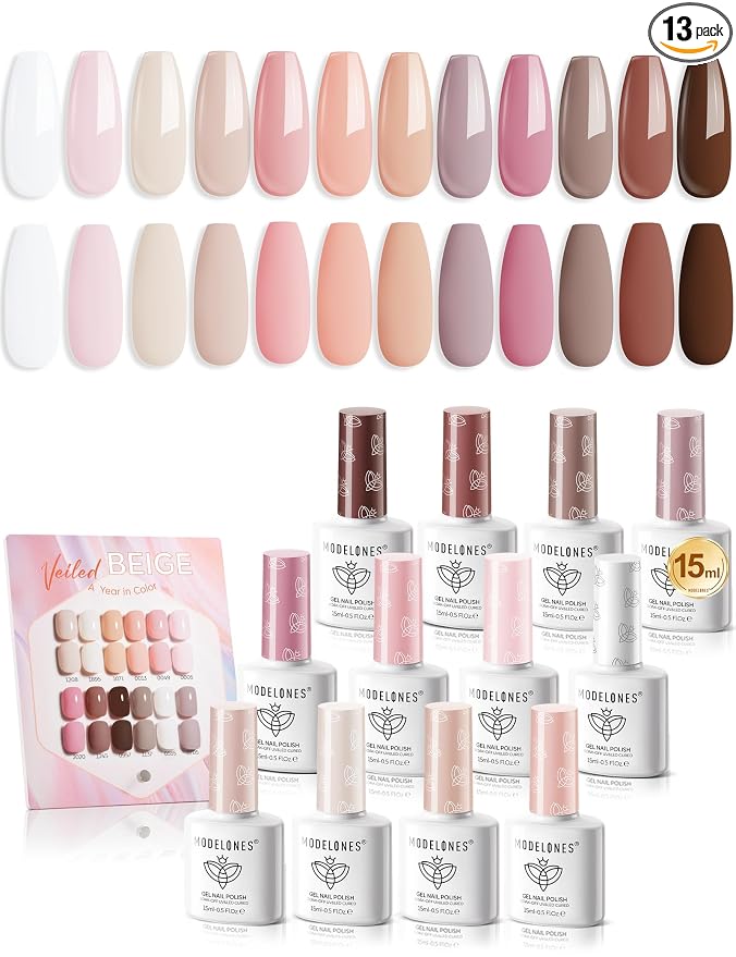 Modelones 15ML 12Pcs Gel Nail Polish Set, Same Color Same Bottle Nude Pink Milky White Beige Skin Tones Neutral Brown Hema-free Gel Polish Kit Spring Soak Off Gel Polish Set Manicure Nail Art