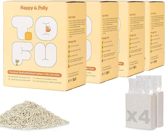 Happy & Polly Tofu Cat Litter – Fast Clumping, Flushable, Ultra Absorbent, Low Tracking, 100% Natural Raw Materials with Coconut Charcoal – 22 LB(5.5LB*4 Bags)
