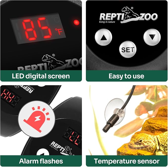 REPTI ZOO Reptile Light Fixture Dimming Thermostat Combo Pack, 8.5 Inch Deep Dome Lamp Fixture Max 150W, PID Reptile Thermostat Temperature Controller for Reptile Heat Lamp Bulb