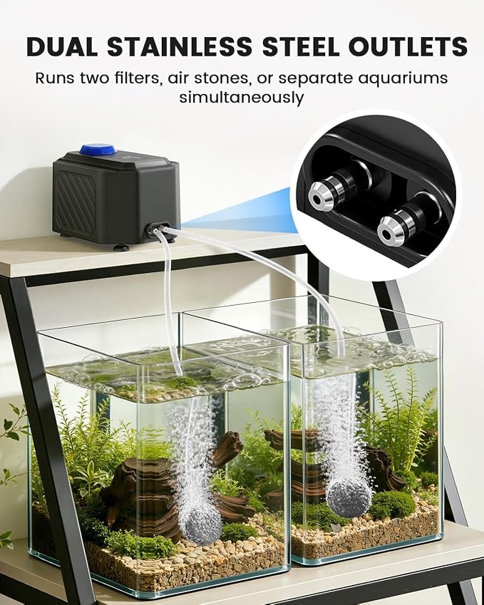 fishkeeper Ultra-Quiet Aquarium Air Pump – 10W (255GPH) Powerful Fish Tank Air Pump with Stainless Steel Dual Outlets, Adjustable Oxygen Aerator Pump with Air Stone Bubbler Kit for 1–200 Gallon