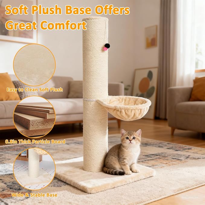 Tall Scratching Post for Cats 47in Tall Sturdy Natural Sisal Cat Scratcher with Thick Solid Wood Base Scratching Post Hammock for Indoor Adult Cat Stable Cat Scratcher with Ball Interactive Toy