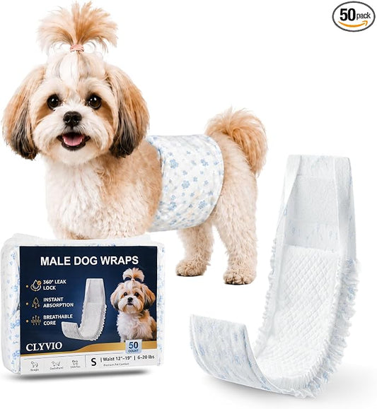 Dog Diapers Male Small, Disposable Wraps Belly Bands, 12-19", 50 Ct | 6-layer absorbent core · wetness color indicator · soft breathable fit · leak-resistant · for marking, training & senior care