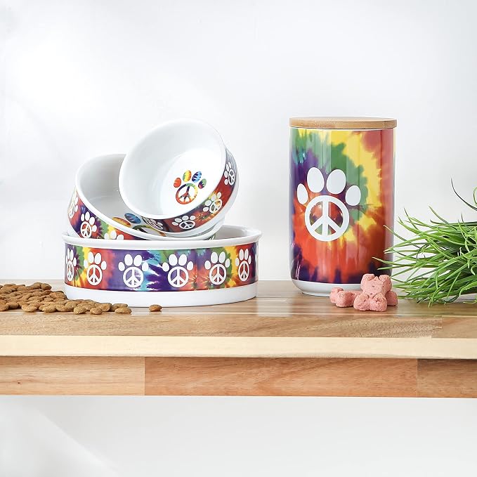 Bone Dry Ceramic Food Bowls, Non-Slip & Dishwasher Safe, Large Set, 7.5x2.4, Peace Paw, 2 Count