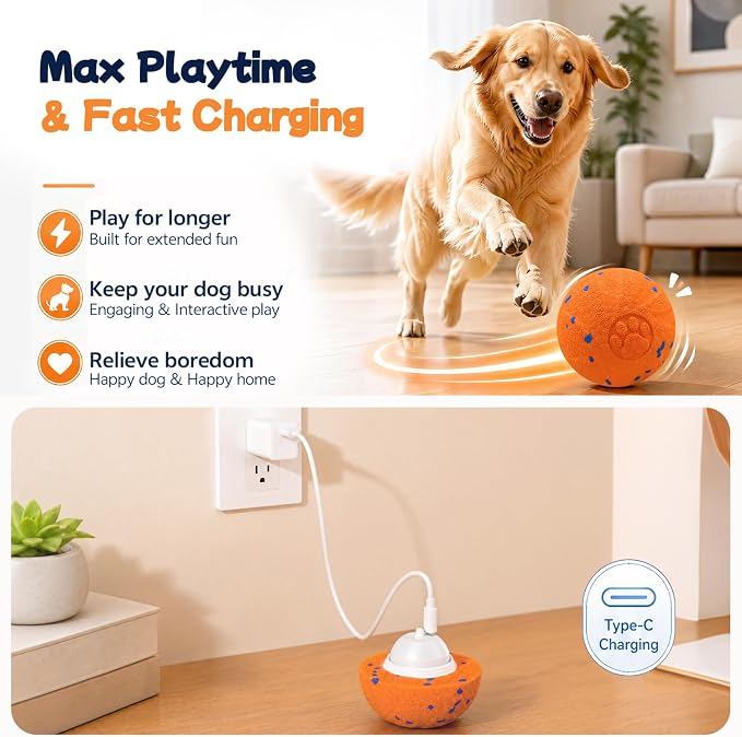 Smart Interactive Dog Toy Ball, 3 Automatic Bouncy Modes, Durable E-TPU Material for Chewing, Rechargeable and IPX7 Waterproof, Enrichment Toy for Medium and Large Dogs (Orange)