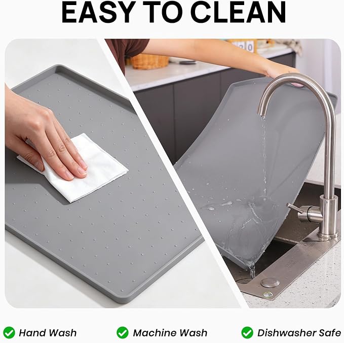 YINEYA Silicone Dog & Cat Food Mat Waterproof 22" x 14", Raised Edge Dog Bowl Mat for Food and Water, BPA-Free Non-Slip Pet Feeding Mats for Floors, Multifunctional Silicone Mat (Gray)