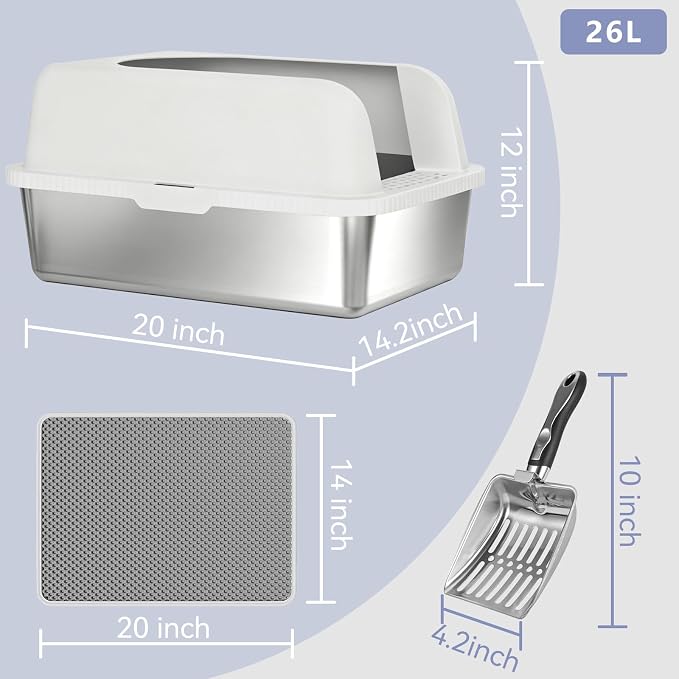 2 Pack Stainless Steel Cat Litter Box with Lid, 20" L x 14.2" W x 12" H, Extra Large Enclosed Litter Box for Cats, High Sided Anti Leakage, Non-Stick, Includes Stainless Steel Scoop & Cat Mat