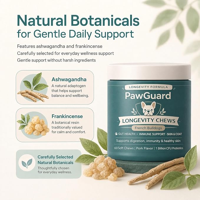 PawGuard French Bulldog Longevity Chews, Breed-Specific Soft Chews for Digestive Health & Immune Support with Probiotics & Digestive Enzymes, Plus Glucosamine & Chondroitin for Joint Support