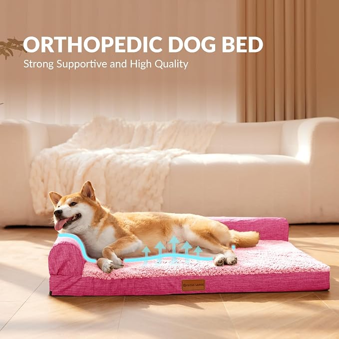 Patas Lague Orthopedic XL Dog Bed Large Sized Dog 48''X30'', Waterproof L Bolster Big Large Pet Sofa Beds with Removable Washable Cover, Soft Pet Couch Crate Mat with Nonskid Bottom, Pink