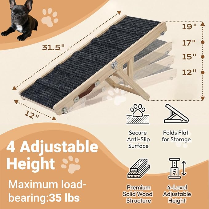 Valerith's Keep Dog Ramp for Couch & Bed for Small Dogs, Foldable Small Dog Ramps for Sofa - 31.5" LX12 W, 4 Adjustable Height, Portable, Stable, Non-Slip, Carry Handle, Wood Color, Solid Wood