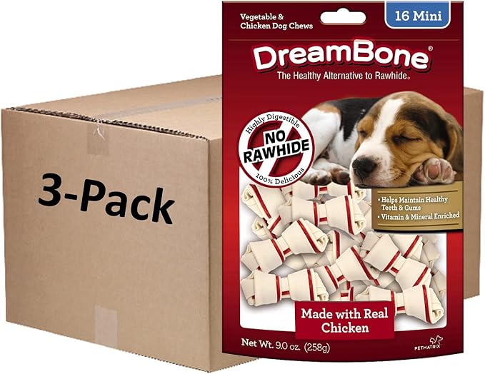 DreamBone Mini Chews with Real Chicken 16 Count, Rawhide-Free Chews for Dogs, 9 Ounce, Package May Vary (3 Pack)