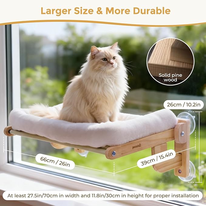 Pecute Foldable Cat Window Perch, Cloud-Soft Cat Bed with Solid Wood Frame, Strong Suction Cup, Washable Cushion, Stable Large Cats Hammock with Sided Bolster, Cats Perch Indoor for Sunbathing, 26" L