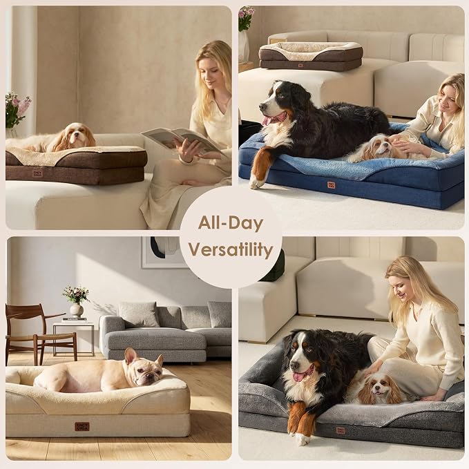 EHEYCIGA Orthopedic Dog Bed for Large Sized Dog, 41x27 Inch Large Memory Foam Dog Couch Bed with Sides, Waterproof Liner & Washable Removable Cover, Bolster Pet Sofa, Beige