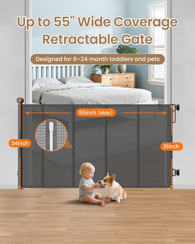 Retractable Baby Gate, 55" Wide Reinforced Mesh Baby Gate with 4 Fiberglass Support Rods for a Tighter Fit, 34" Tall Retractable Dog Gate for Stairways, Hallways and Doorways, Gray