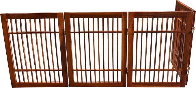 Urnporium Freestanding Wooden Dog Gate Foldable Indoor Pet Gate No Drill Expandable Barrier for Doorways Stairs Hallways Portable Wood Fence for Small Dogs & Puppies (Brown Pet Gate, 4 Panel 24" Tall)