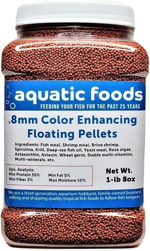 0.8mm Color Enhancing Floating Pellets for Baby Discus, Cichlids, All Tropicals, Koi and Pond Fish…1-lb & 8oz med Jar