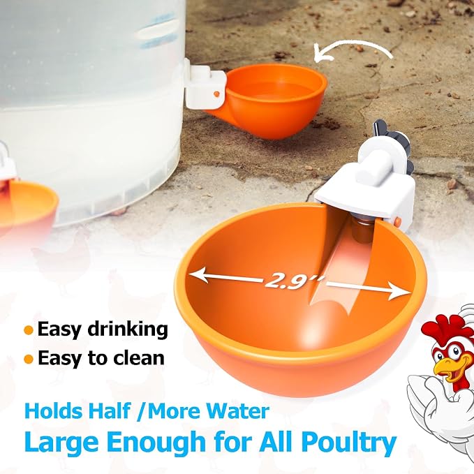 Large Automatic Chicken Waterer Cups, Chicken Water Feeder Suitable for Chicks, Duck, Goose, Turkey and Bunny, DIY Poultry Water Feeder Kit (8 Pack-Orange)