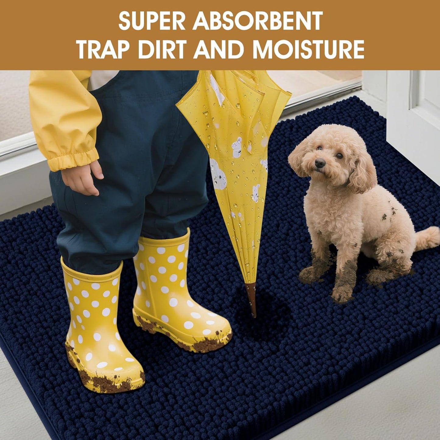 IM HOME Extra Large Dog Door Mats for Muddy Paws, Chenille Absorbent Dog Mats, Non Slip Heavy Mud Mat for Dogs, Soft Pet Mat for Entryway, Mud Paws, Inside Floor,71" x 25", Navy Blue