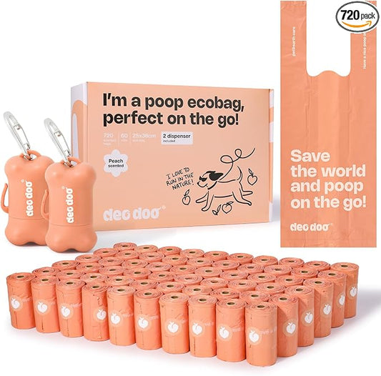 Deo Doo Dog Poop Bags with Handles 60 Rolls 720 Counts Big Sizes Leak Proof and Extra Thick Waste Bags Refill Rolls for Walking Small Medium Large Dogs Cats Litter With 2 Dispensers Peach Scented