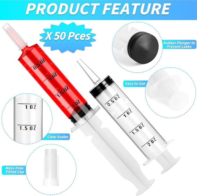 50 Pack 2 OZ Syringes with Catheter Tip and Cap Plastic Large Syringes for Liquids, Jello shot Party, Medicine Student, Oral, Scientific Labs, Measuring, Dispensing, Home Care
