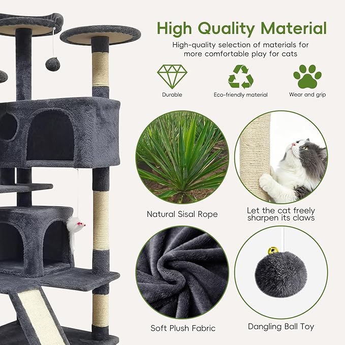 53-inch Cat Tree Tower for Indoor Cats,Cat Tree House Cat Furniture with Sisal Scratching Post,2 Cat Caves,Dangling Toys